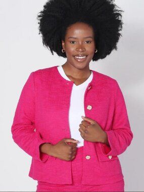 Textured Boucle Long Sleeve Blazer Jacket Fuchsia Pink Crew Neck Kim & Co. NEW